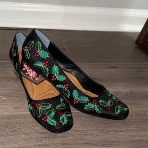 Festive Black Embroidered Women's Shoes Noelstep Holly & Candy Cane